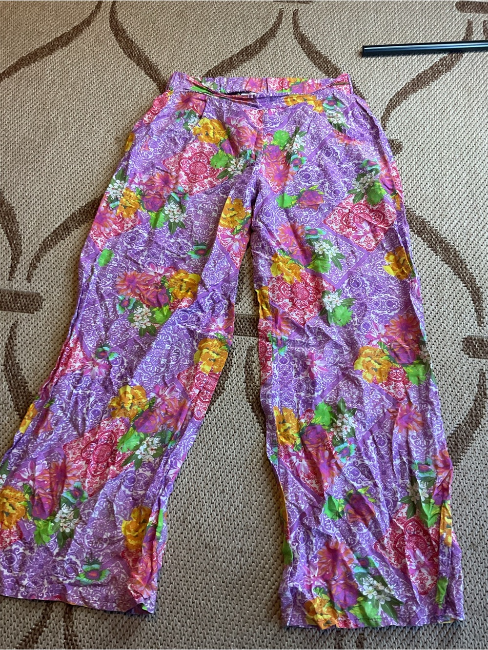 OndadeMar Purple Floral Wide-Leg Pants with Yellow & Green Accents
